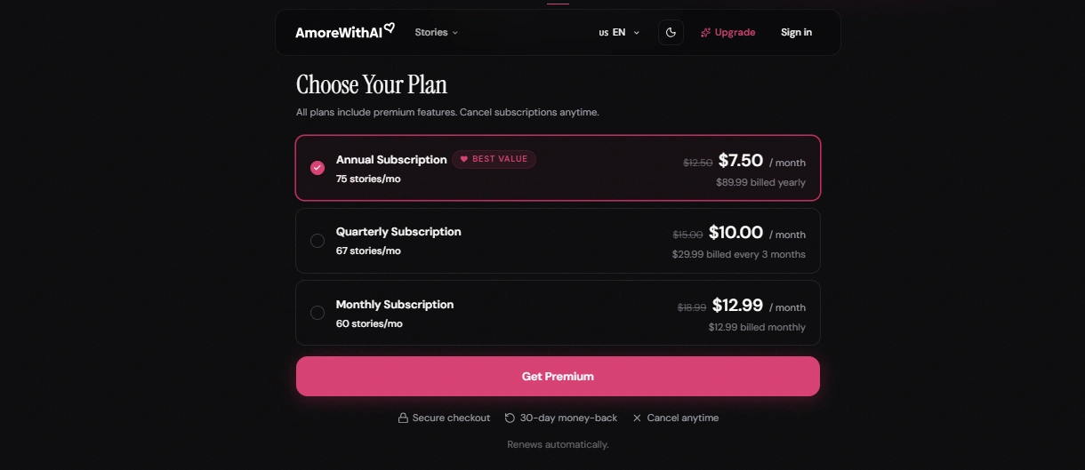 AmoreWithAI pricing and subscription plans