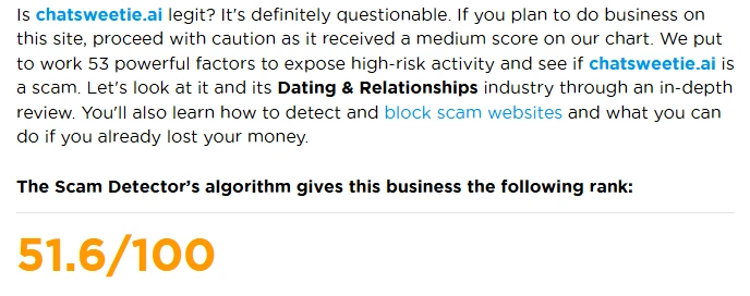 ChatSweetie Scam Detector trust score of 51.6