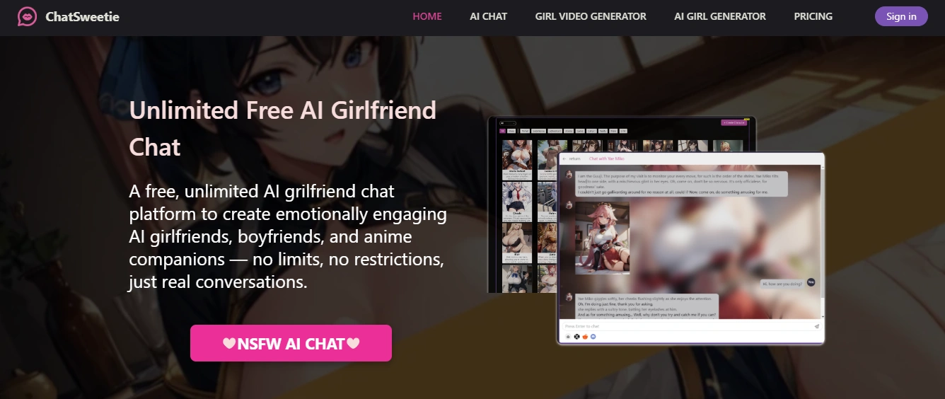 ChatSweetie AI character chat and story platform homepage