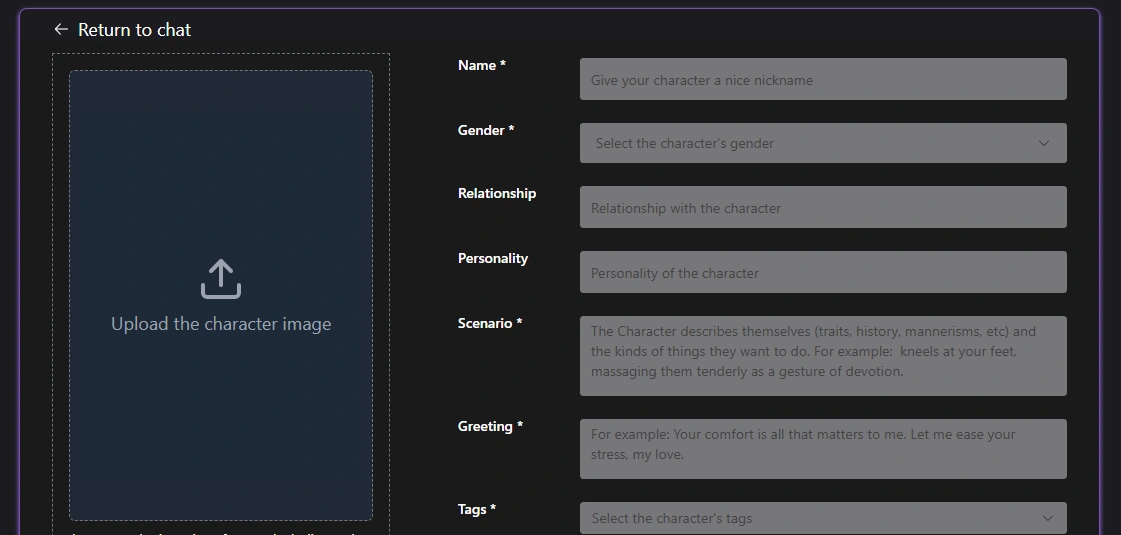 Creating a custom character in ChatSweetie