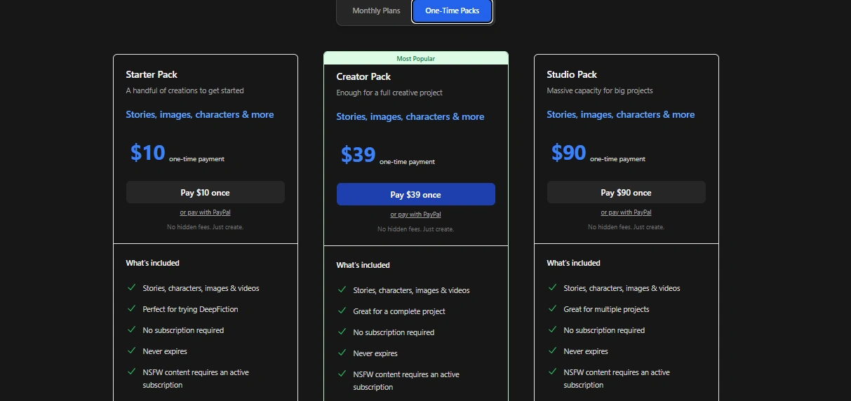DeepFiction AI one-time credit packs pricing