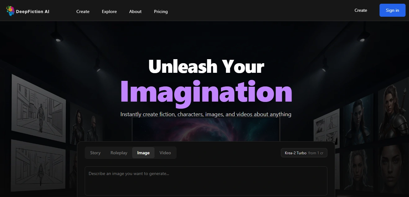 DeepFiction AI adult content creation platform homepage