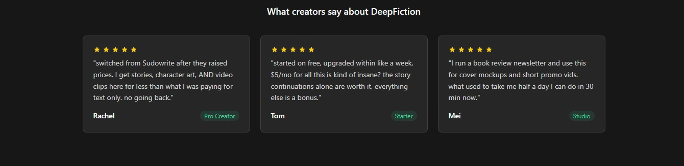 DeepFiction AI reviews on the official site
