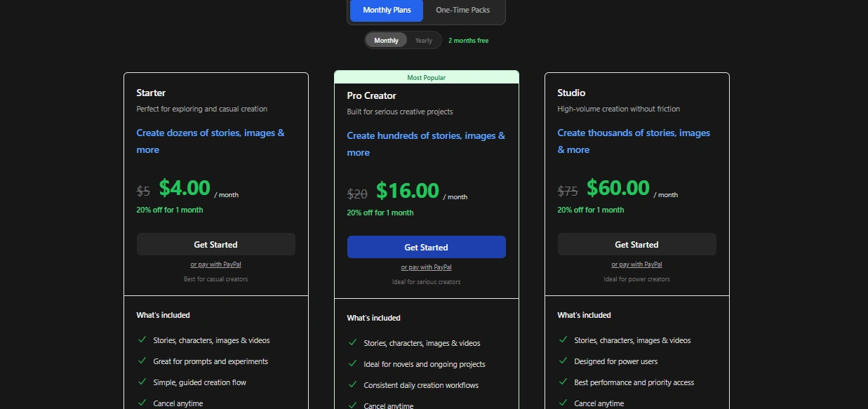DeepFiction AI monthly subscription plans