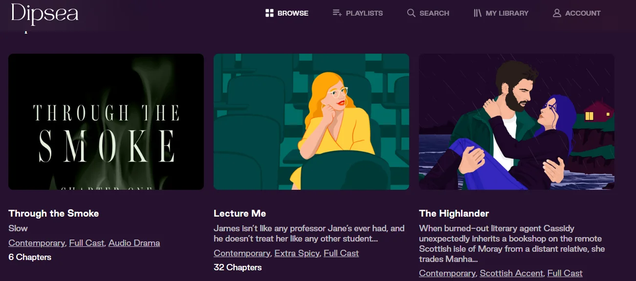 Browsing the Dipsea audio story library