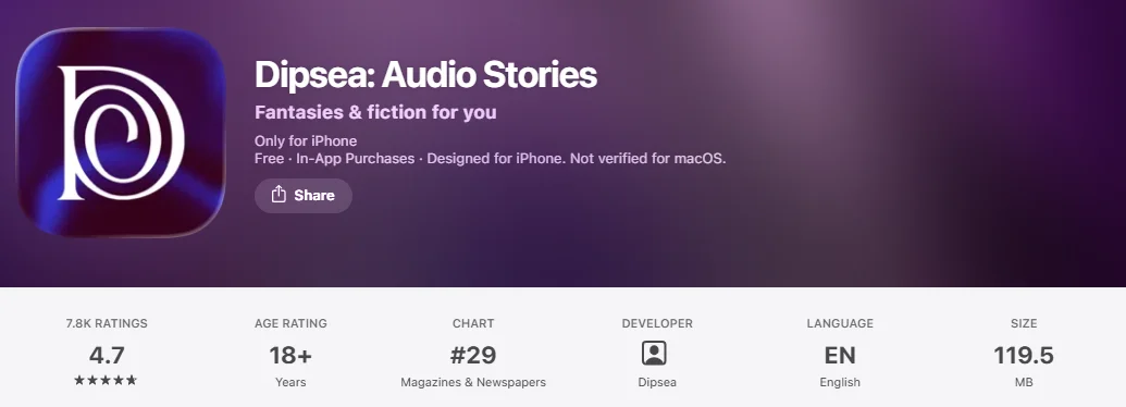 Dipsea app rating on the Apple App Store