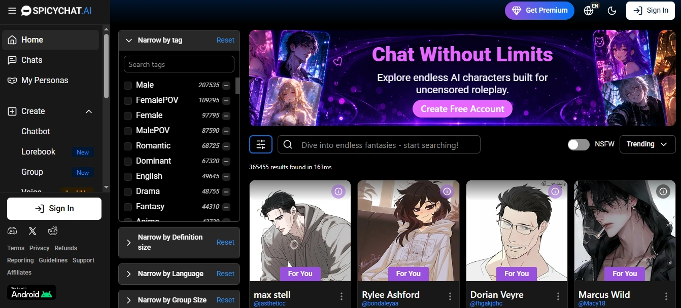 SpicyChat AI character roleplay platform