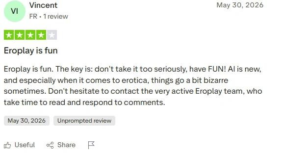Positive EroPlay AI user reviews on Trustpilot