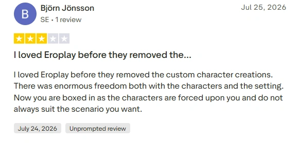 Negative EroPlay AI user reviews on Trustpilot