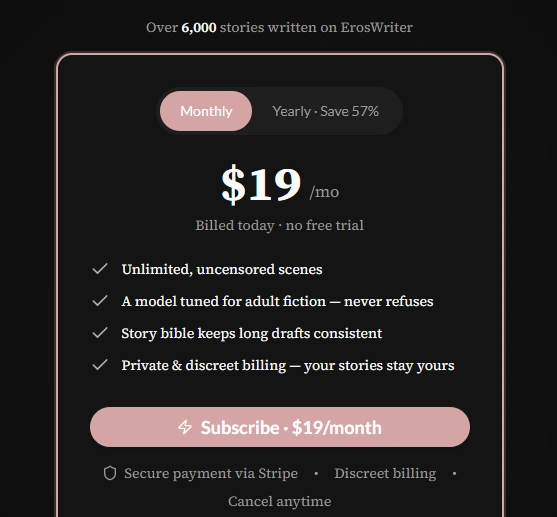ErosWriter monthly and yearly pricing plans
