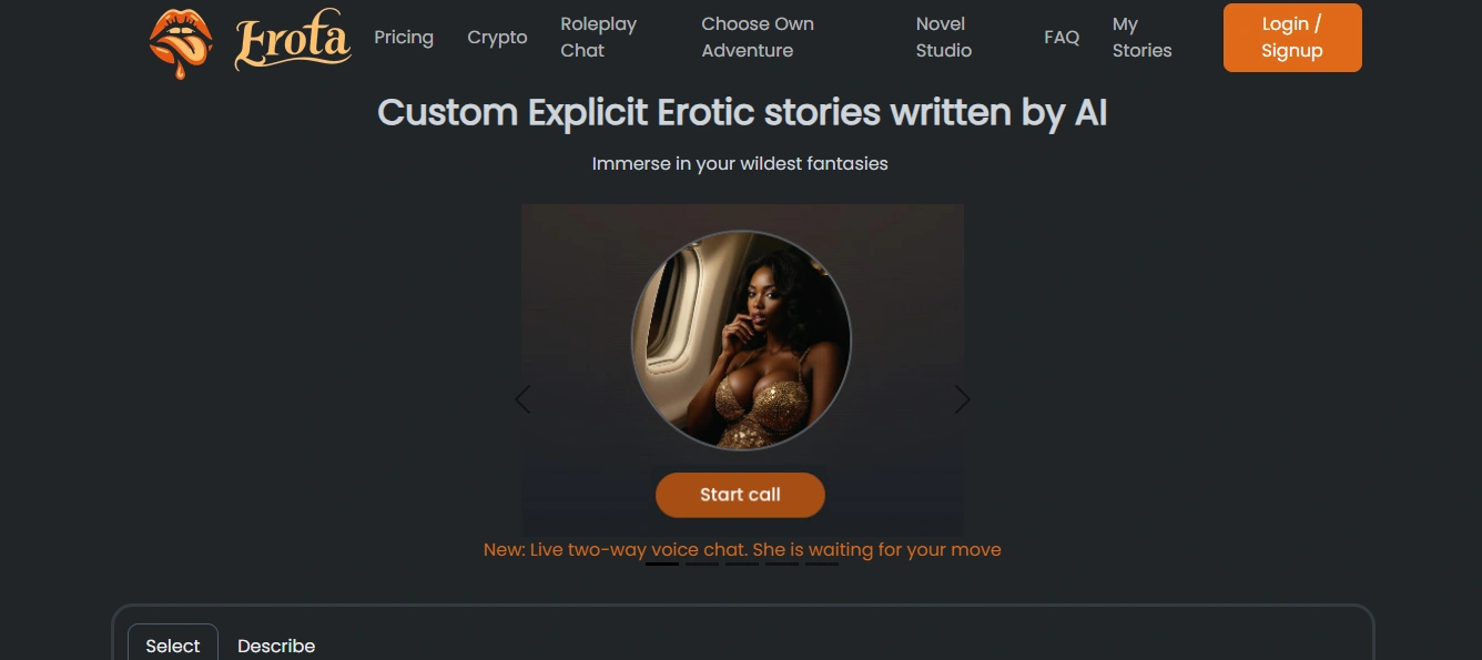 Erota AI adult storytelling platform homepage