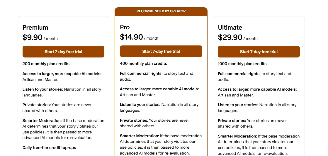 Erota AI pricing plans and credit packages