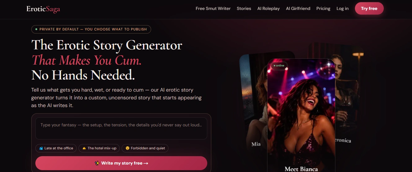 EroticSaga AI erotic story generator homepage