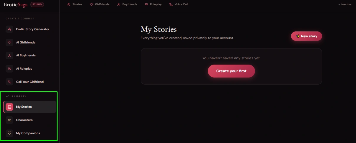 EroticSaga story library, saved characters and editing