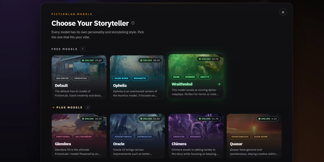 FictionLab AI models selection screen