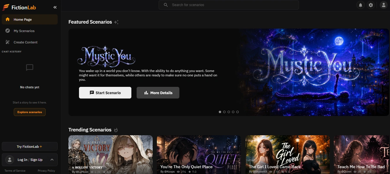 FictionLab AI roleplay platform homepage