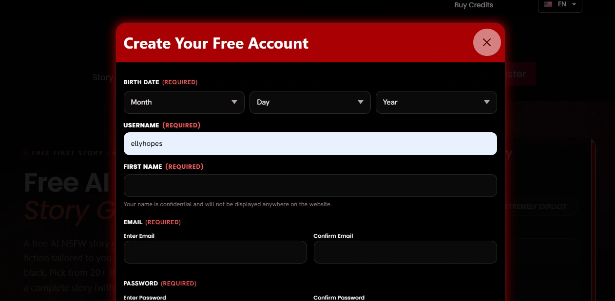 Creating a free NSFWStory account signup page