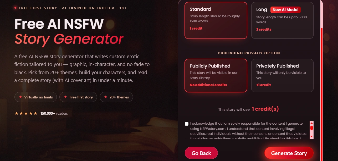 Picking story length and privacy on NSFWStory