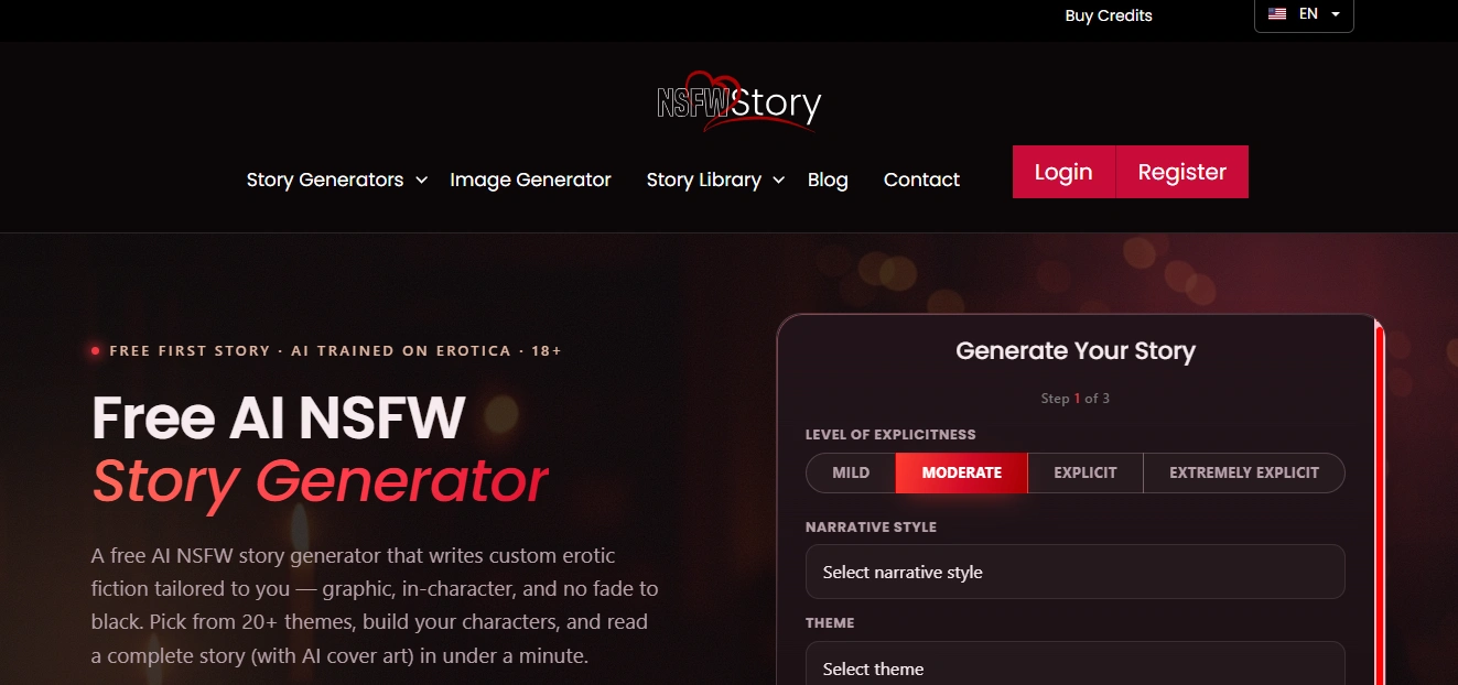 NSFWStory AI adult story generator homepage