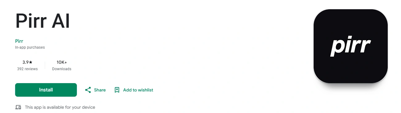 Pirr AI app listing on Google Play Store