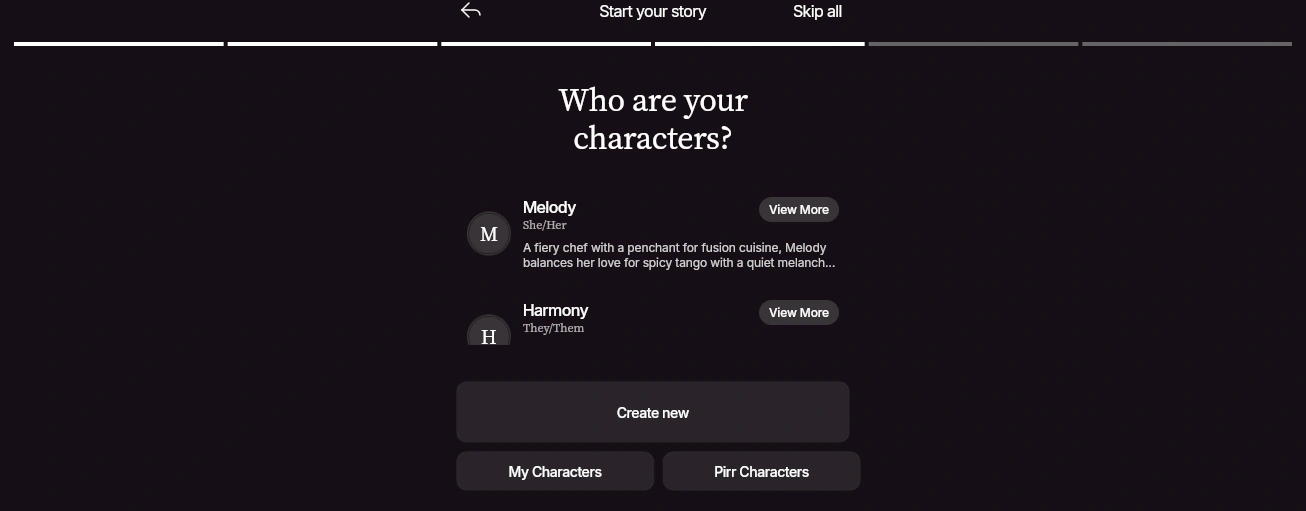 Pirr AI character creation and selection screen