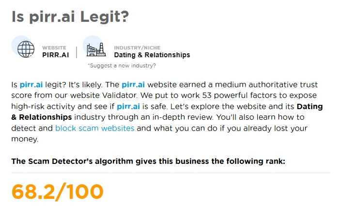 Scam Detector safety check result for Pirr AI