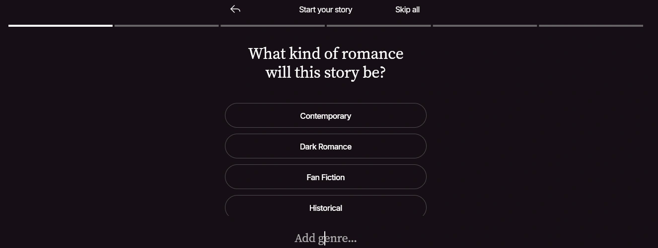 Pirr AI story preferences screen for choosing genre and vibe