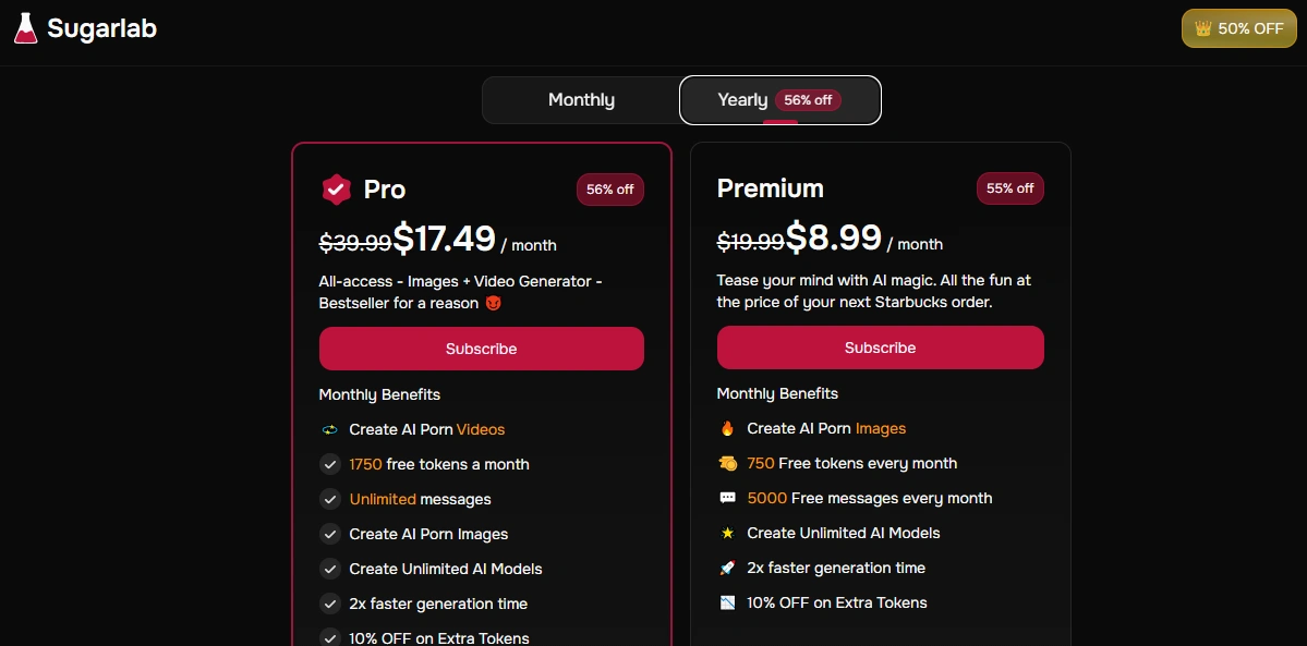 Sugarlab AI yearly subscription pricing plans
