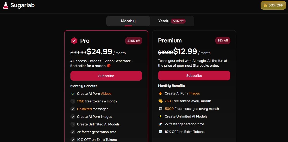 Sugarlab AI monthly subscription pricing plans