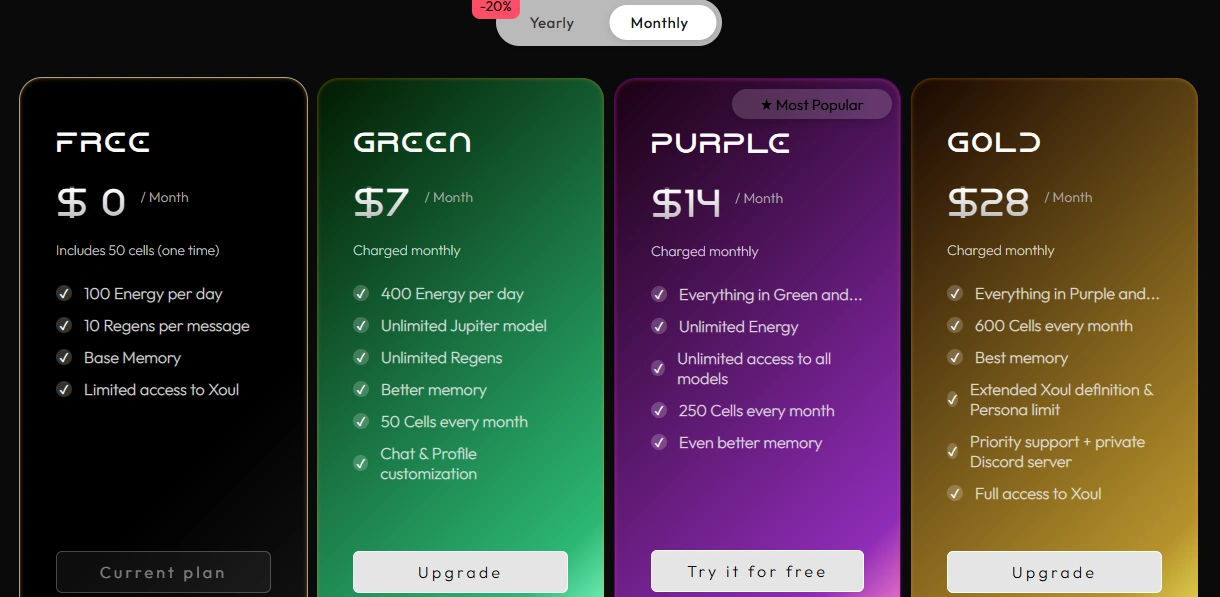 Xoul AI monthly subscription pricing plans