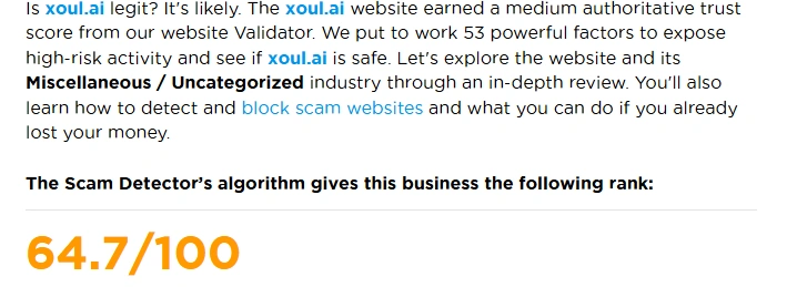 Xoul AI Scam-Detector trust score result