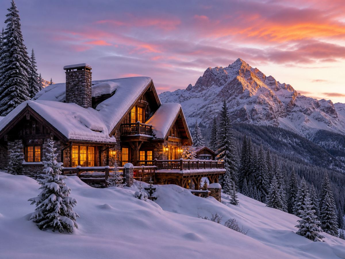 Snowbound chalet, firelight