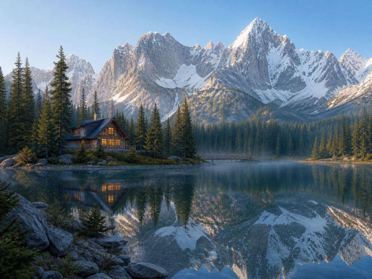 Lakeside cabin, alpine sunrise