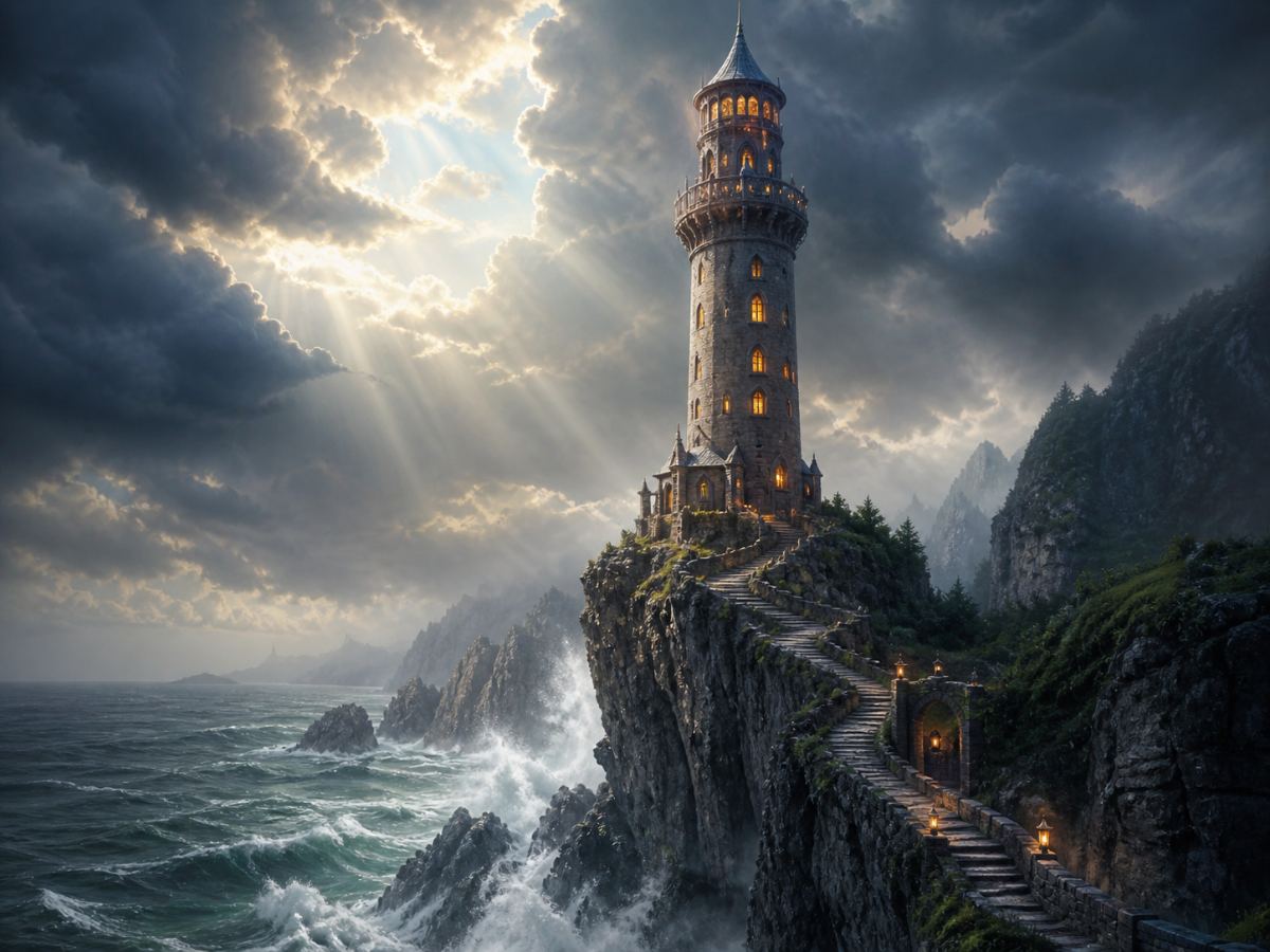 Cliffside lighthouse, storm
